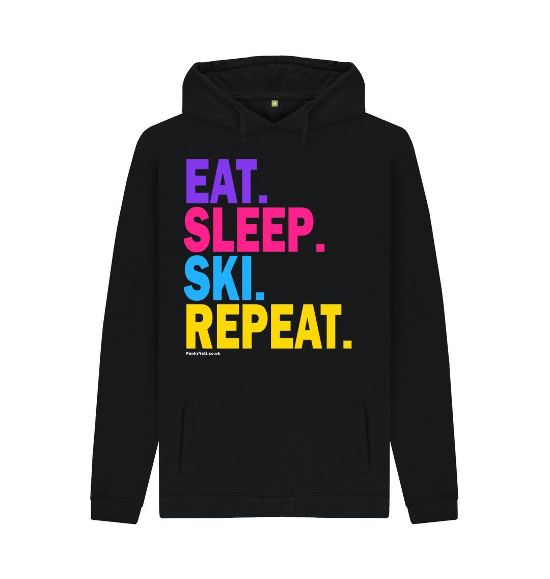 Black Men's Eat Sleep Ski Repeat Organic Pullover Hoodie - 2024