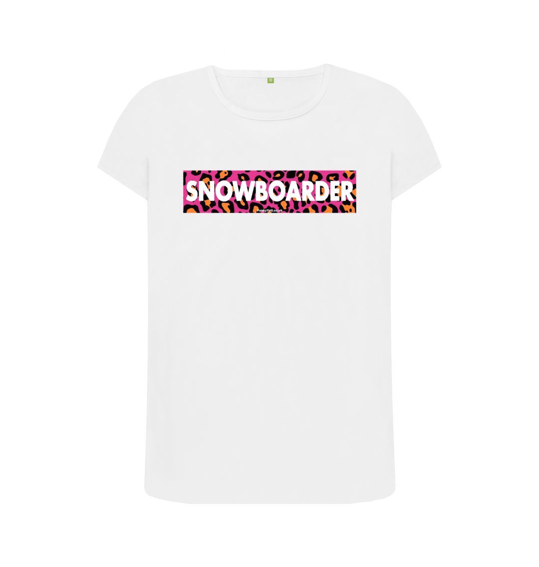 White Women's Snowboarder Censor Bar Organic Tee - Pink Leopard