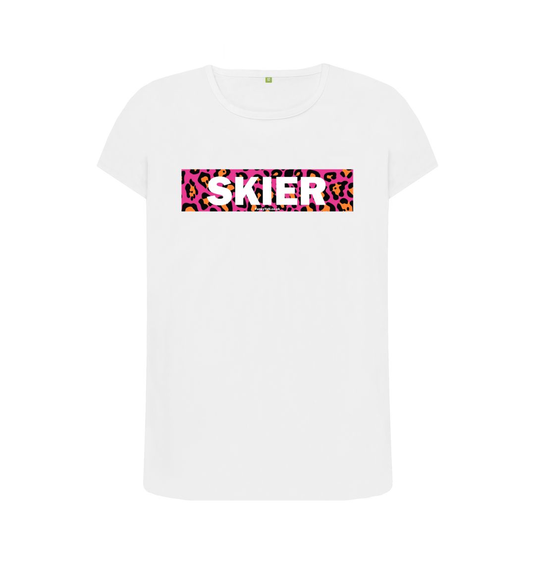 White Women's Skier Censor Bar Organic Tee - pink leopard