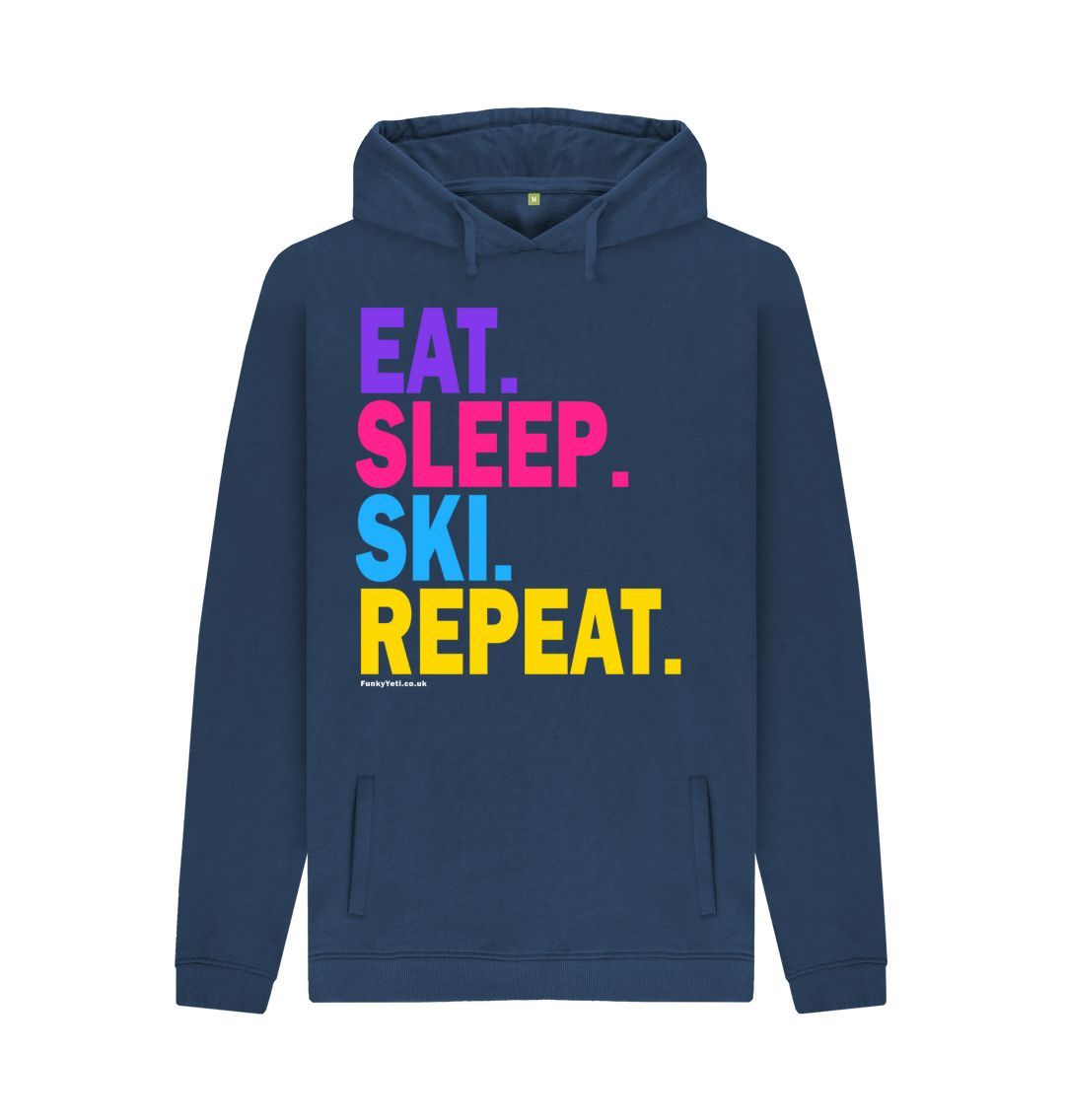 Navy Men's Eat Sleep Ski Repeat Organic Pullover Hoodie - 2024