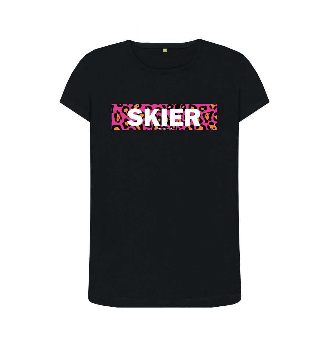 Black Women's Skier Censor Bar Organic Tee - pink leopard