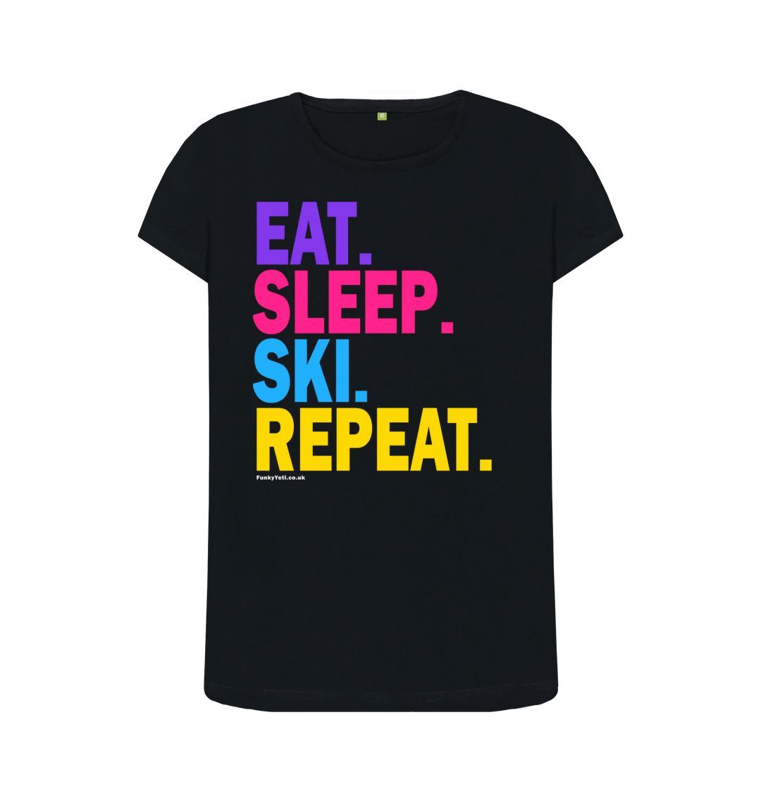 Black Women's Eat Sleep Ski Repeat Organic Tee - 2024