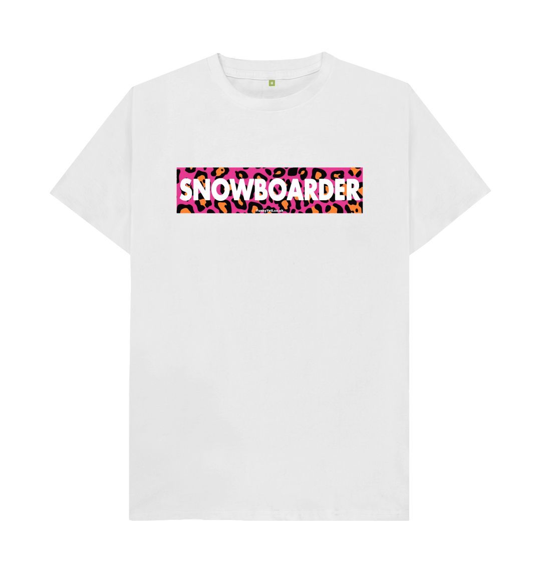 White Men's Snowboarder Censor Bar Organic Tee - Pink Leopard