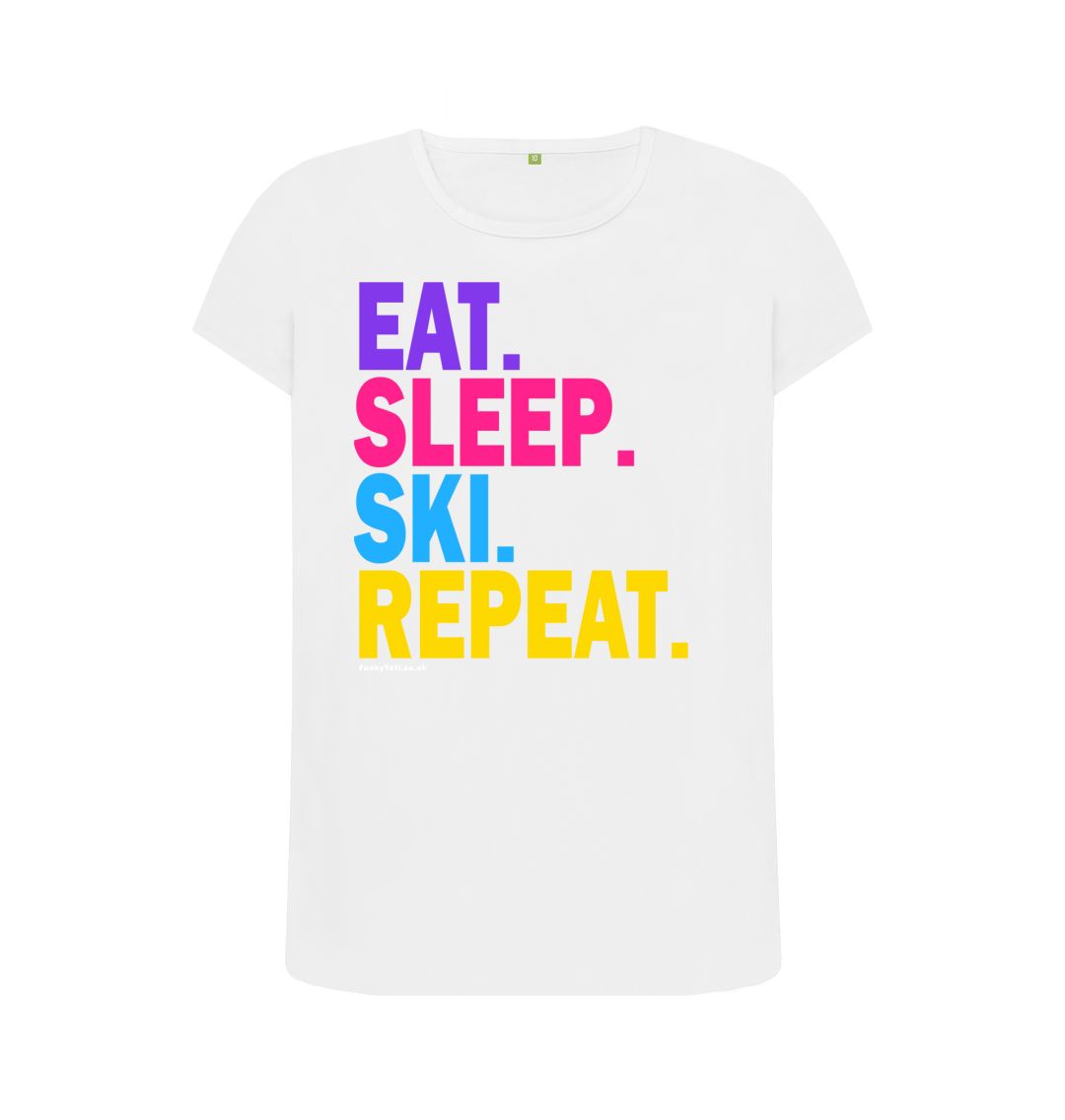 White Women's Eat Sleep Ski Repeat Organic Tee - 2024