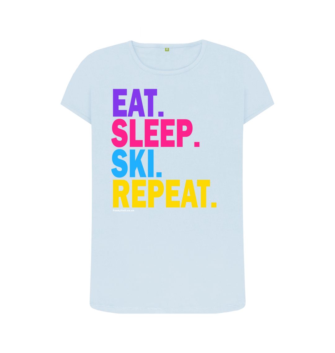 Sky Blue Women's Eat Sleep Ski Repeat Organic Tee - 2024