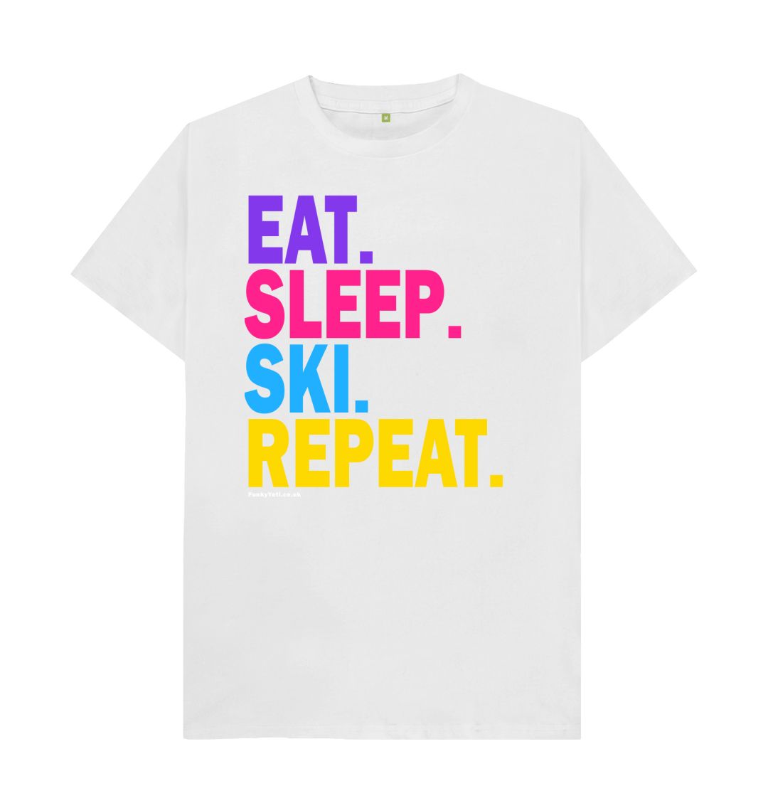 White Men's Eat Sleep Ski Repeat Organic Tee - 2024