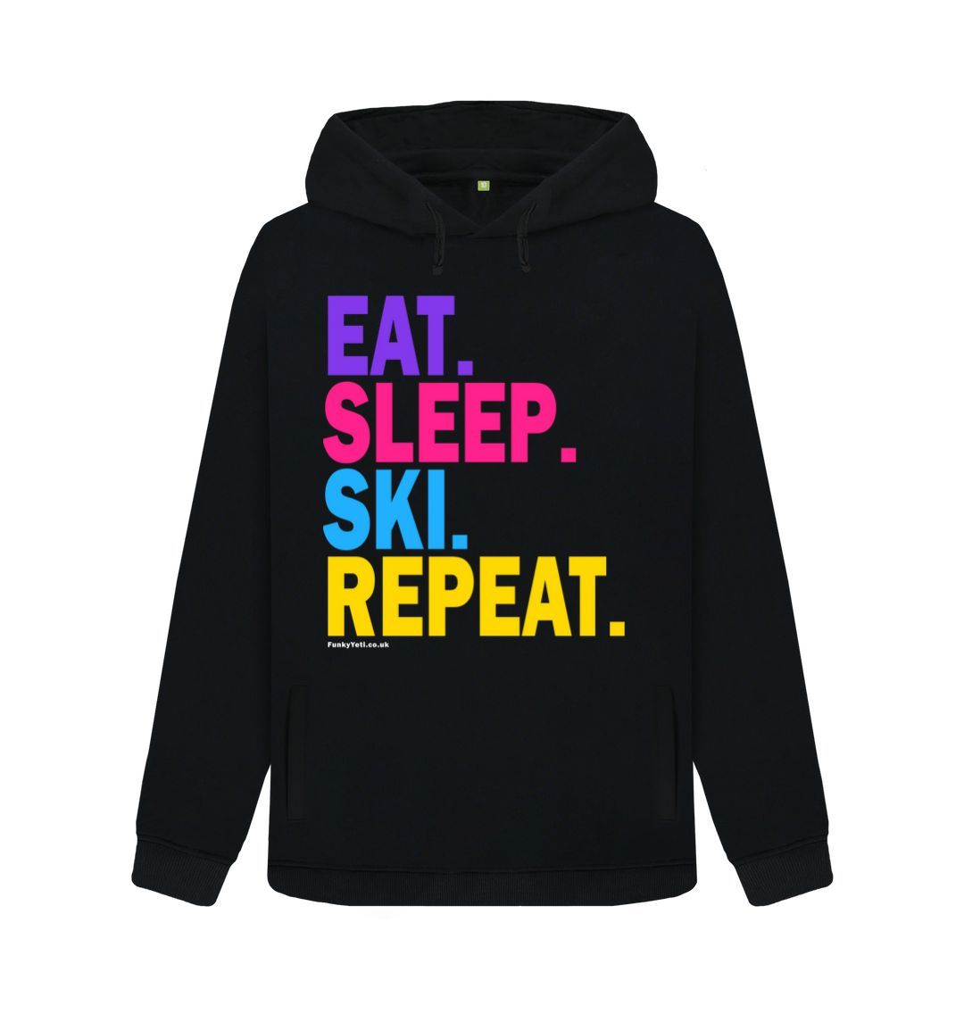 Black Women's Eat Sleep Ski Repeat Organic Pullover Hoodie - 2024