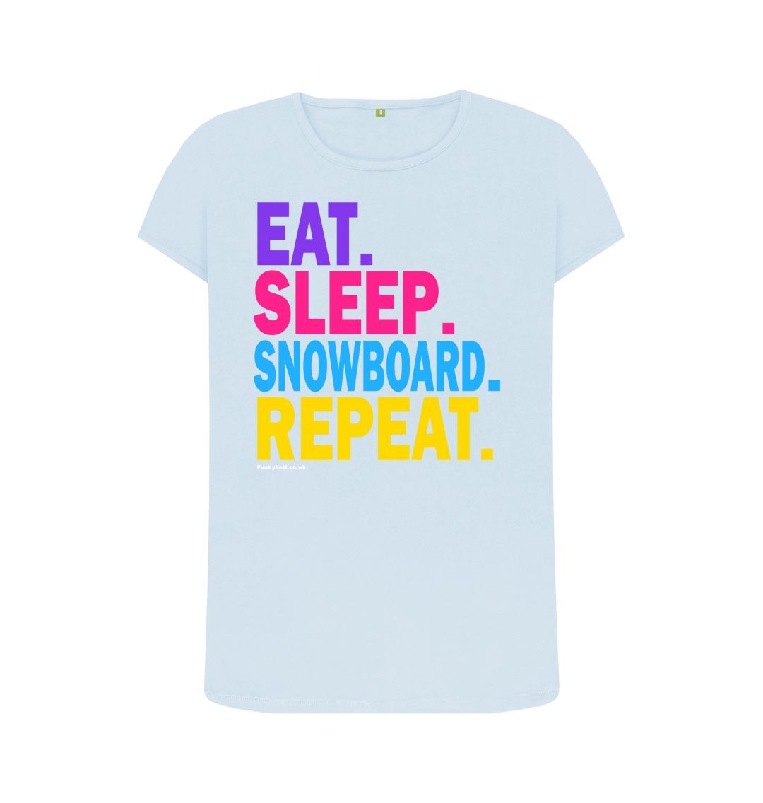 Sky Blue Women's Eat Sleep Snowboard Repeat Organic Tee - 2024