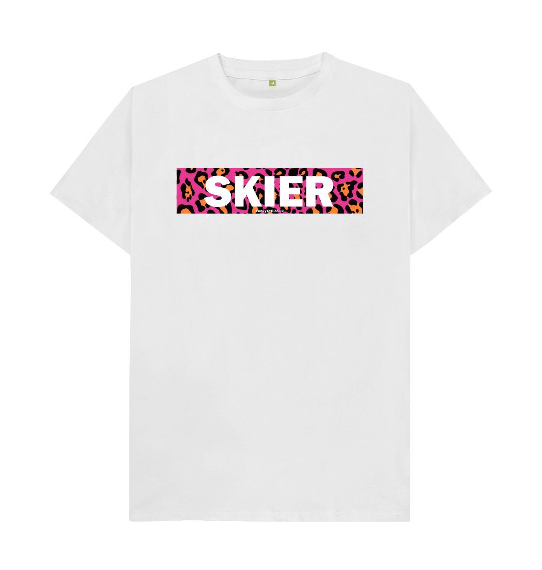 White Men's Skier Censor Bar Organic Tee - Pink Leopard