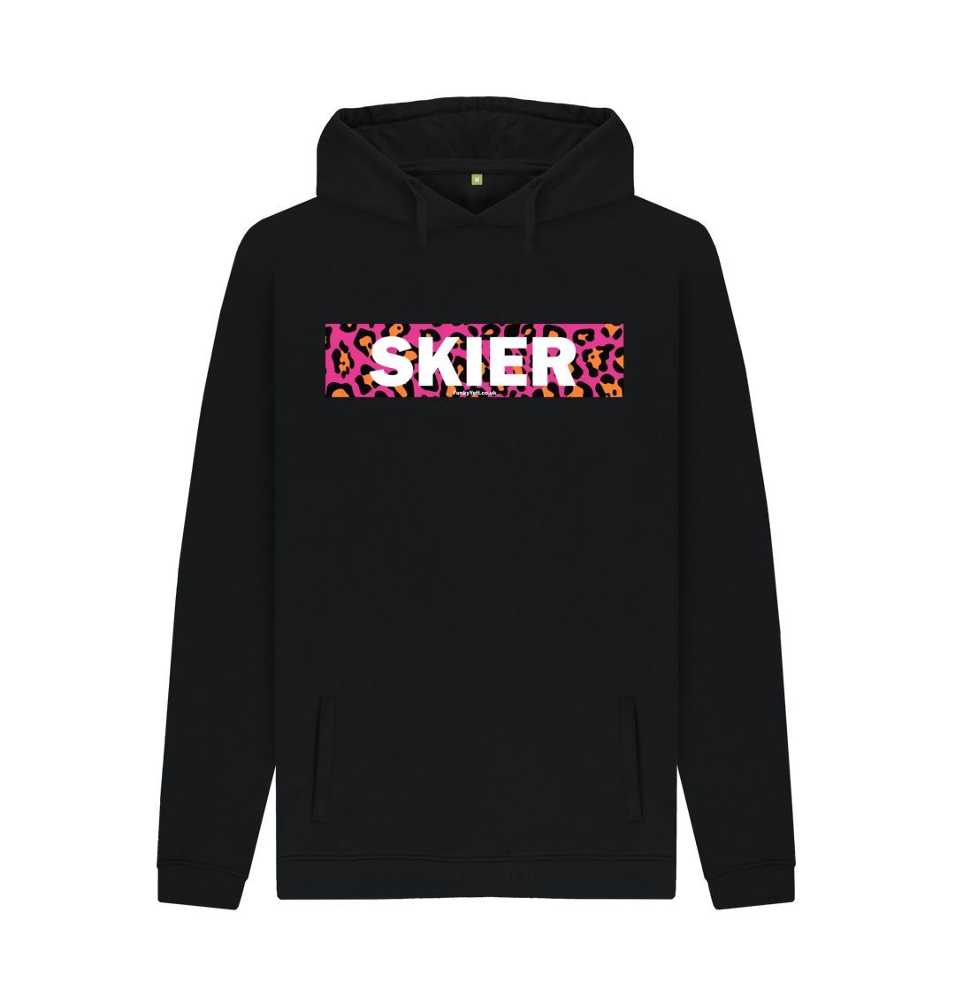 Black Men's Skier Censor Bar Organic Pullover Hoodie - Pink Leopard