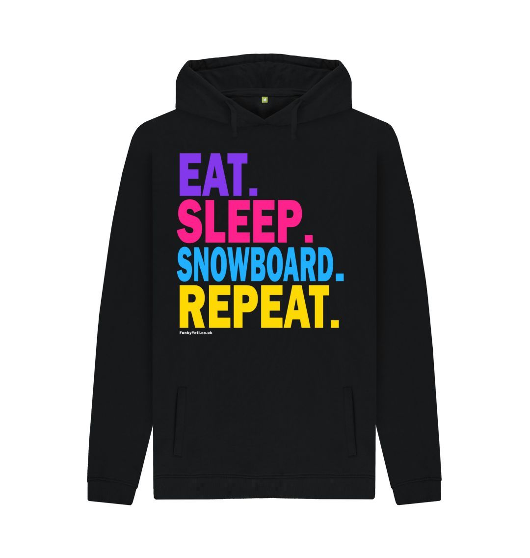 Black Men's Eat Sleep Snowboard Repeat Organic Pullover Hoodie - 2024