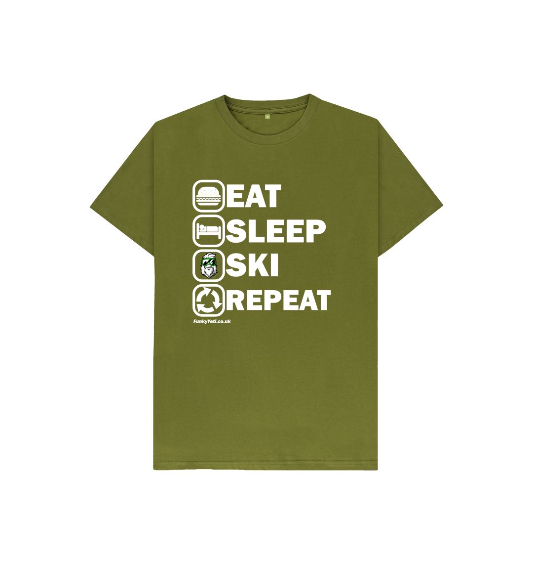 Moss Green Funky Yeti Kids Tee - Eat Sleep Ski Repeat