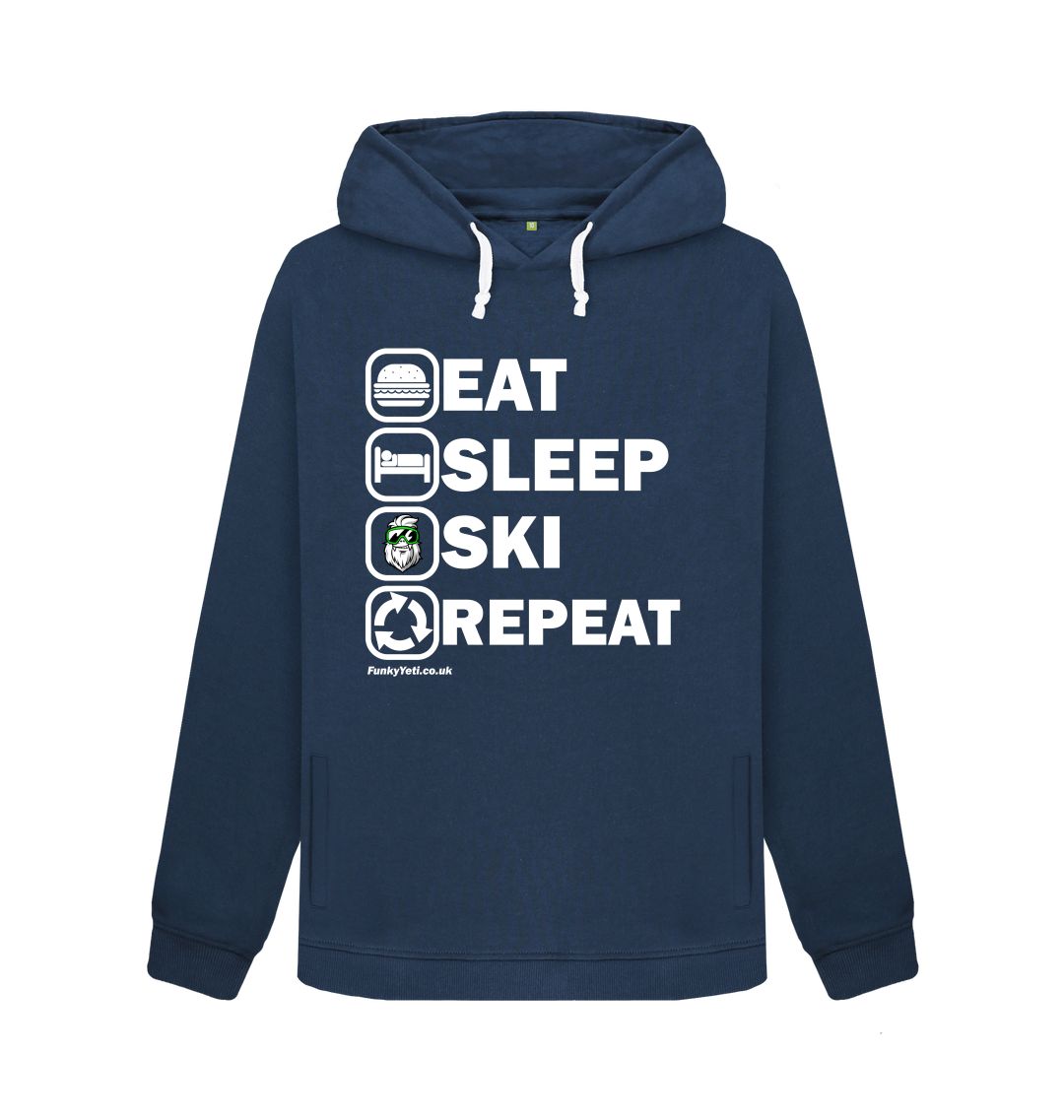 Navy Blue Funky Yeti Women's Pullover Hoodie - Eat Sleep Ski Repeat