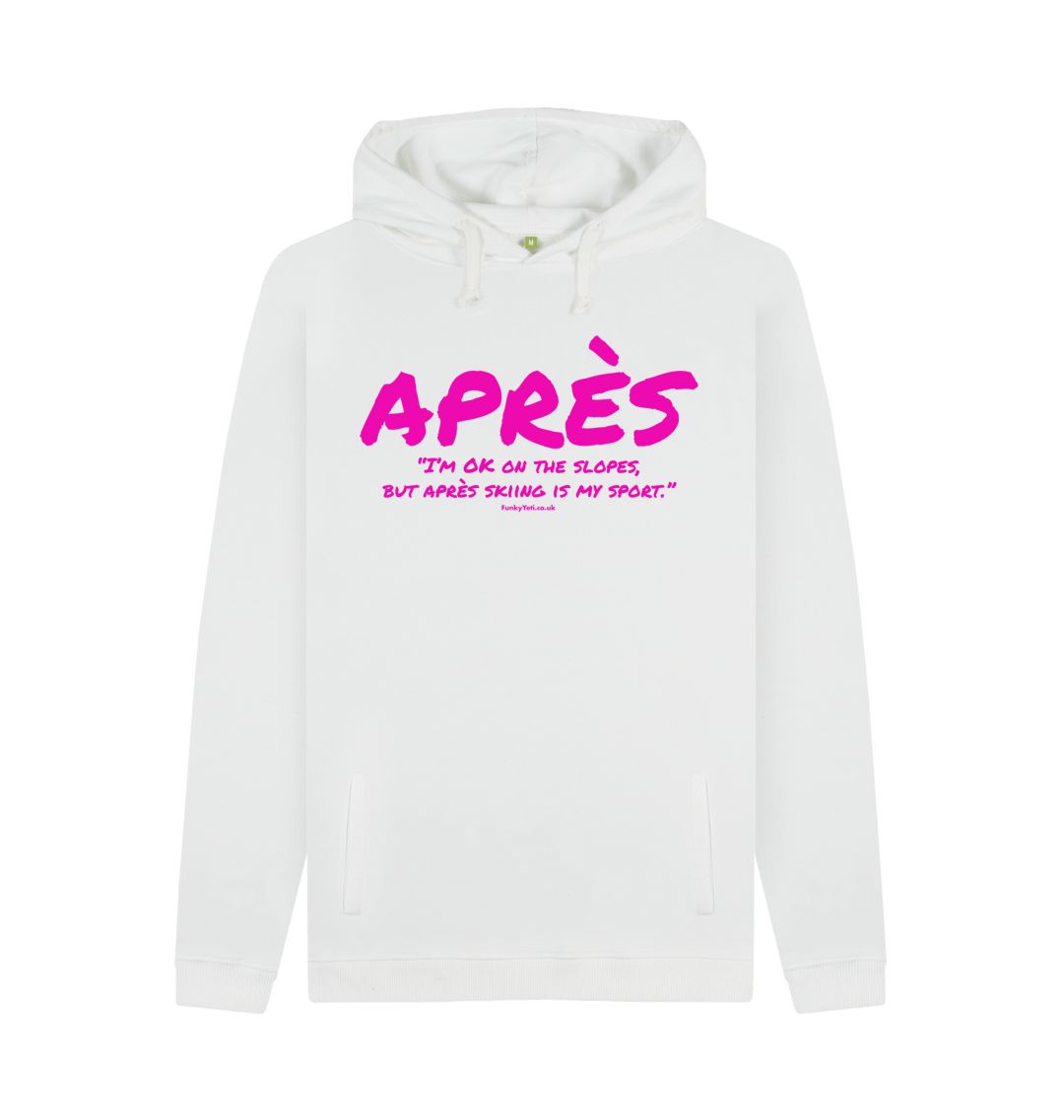 White Men's Apres Ski Organic Pullover Hoodie - Hot Pink