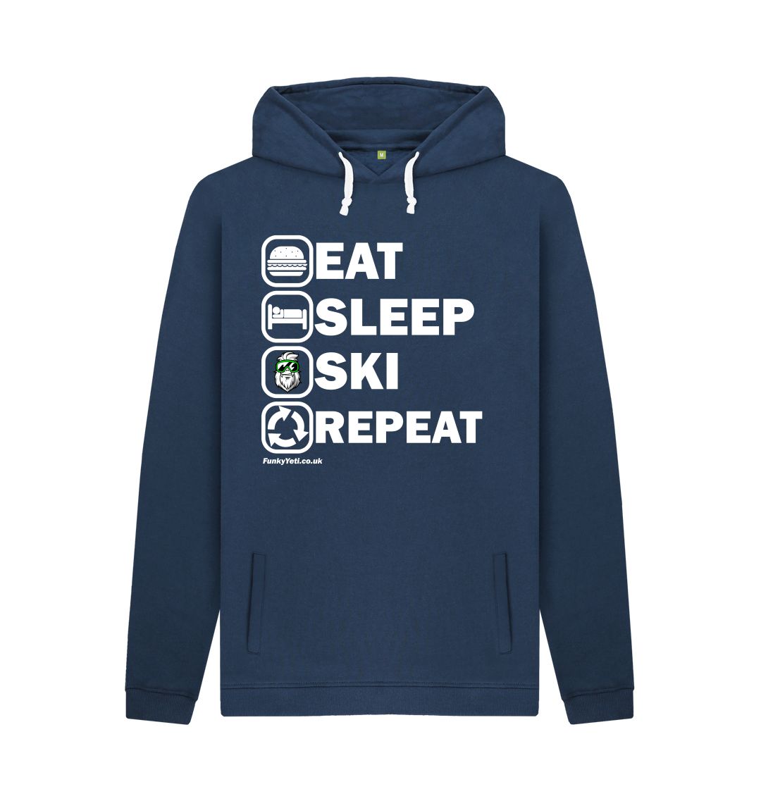 Navy Funky Yeti Men's Pullover Hoodie - Eat Sleep Ski Repeat