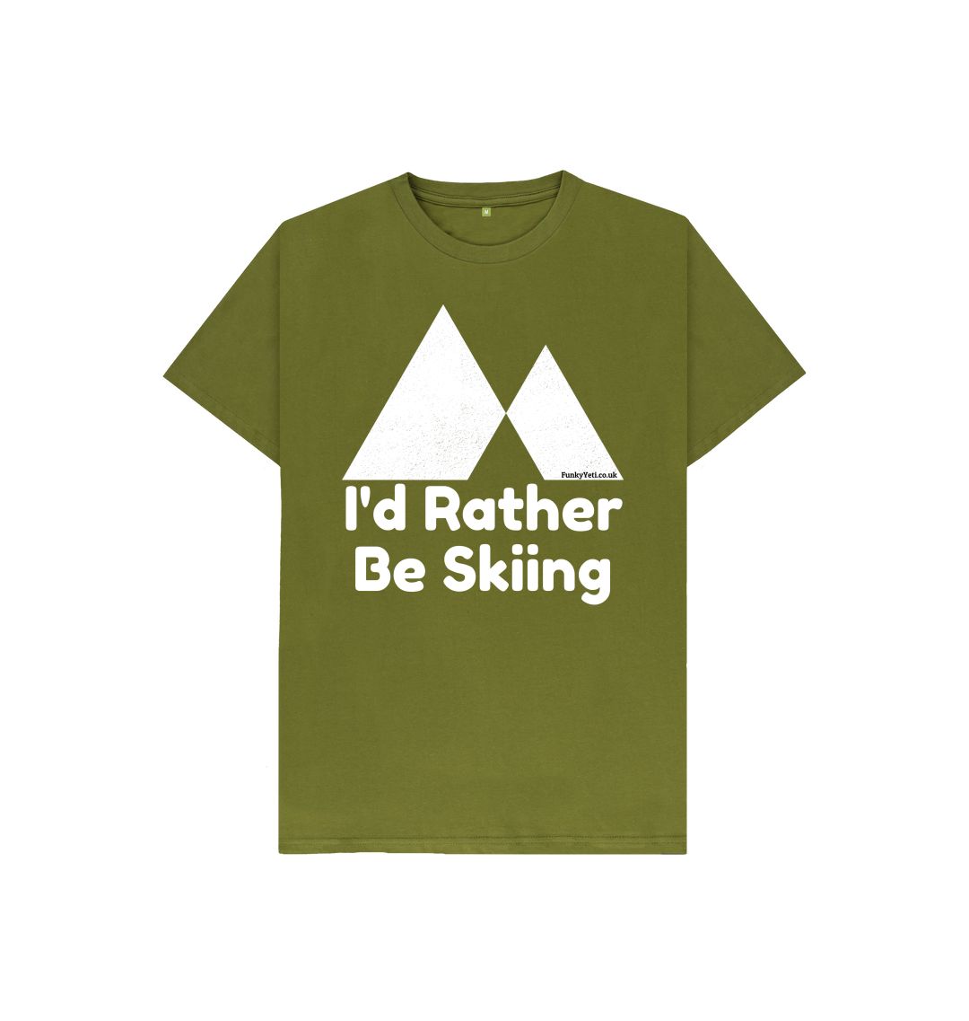 Moss Green Funky Yeti Kids Tee - I'd Rather Be Skiing