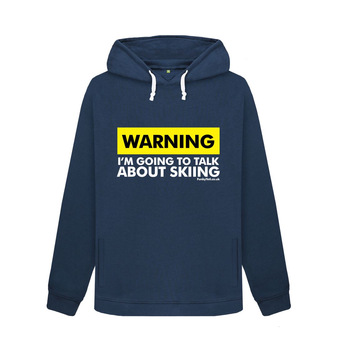 Navy Blue Funky Yeti Women's Pullover Hoodie - Warning, Skier!