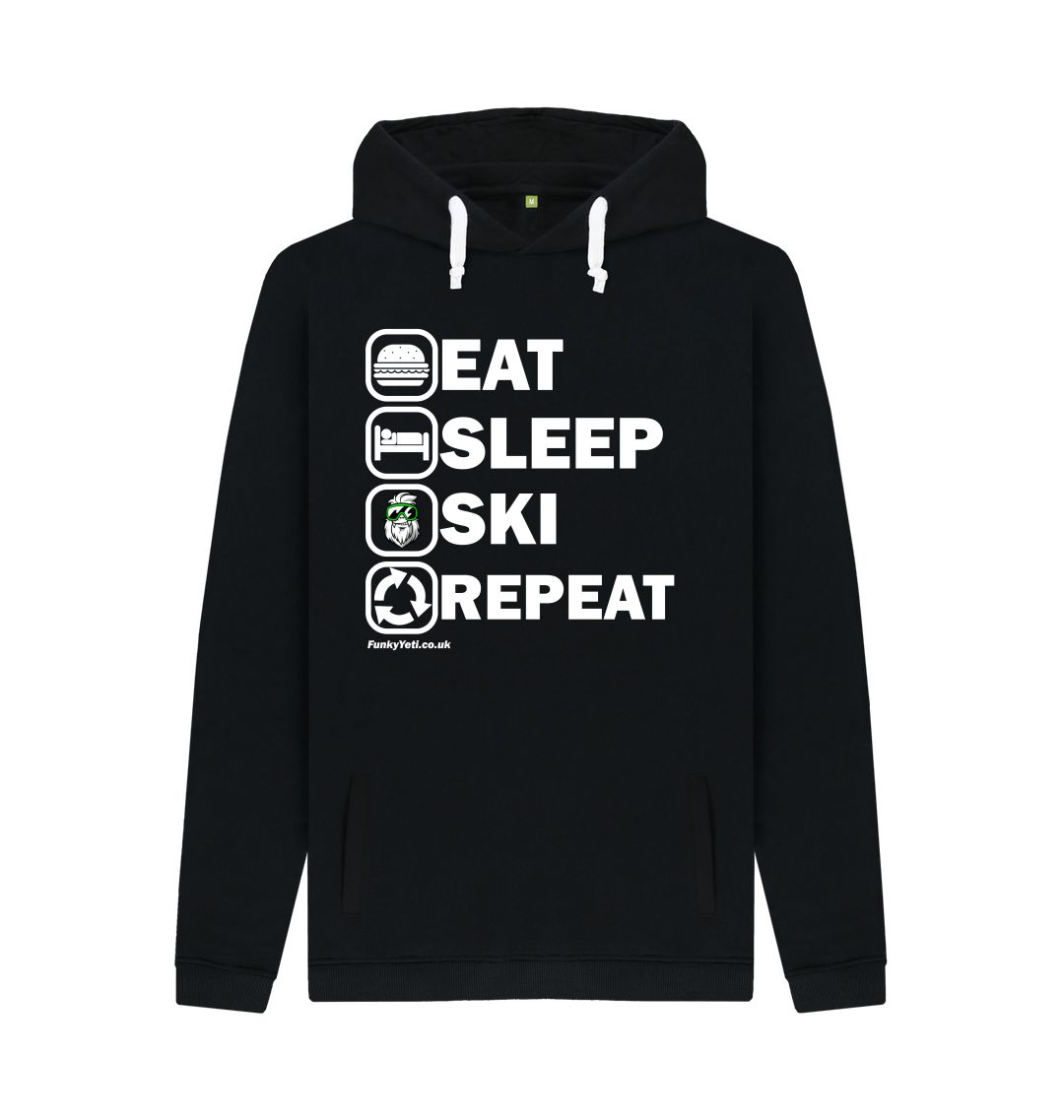 Black Funky Yeti Men's Pullover Hoodie - Eat Sleep Ski Repeat